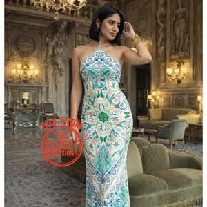 MANGO Blogger Fave Linen Blend Paisley Halter Maxi Dress NWT